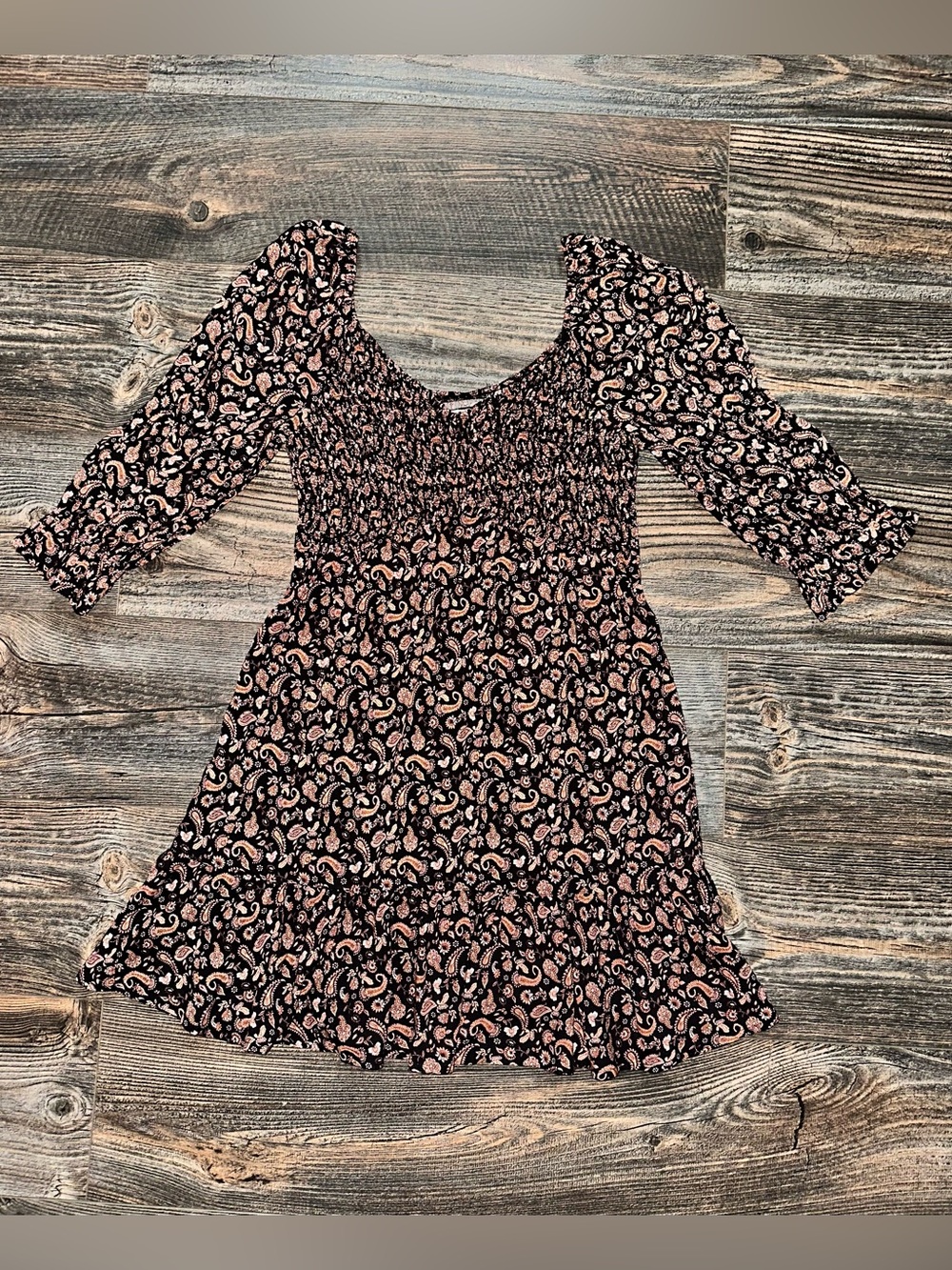 Hollister Smocked Paisley Mini Day Dress in Black and Blush BNWOT